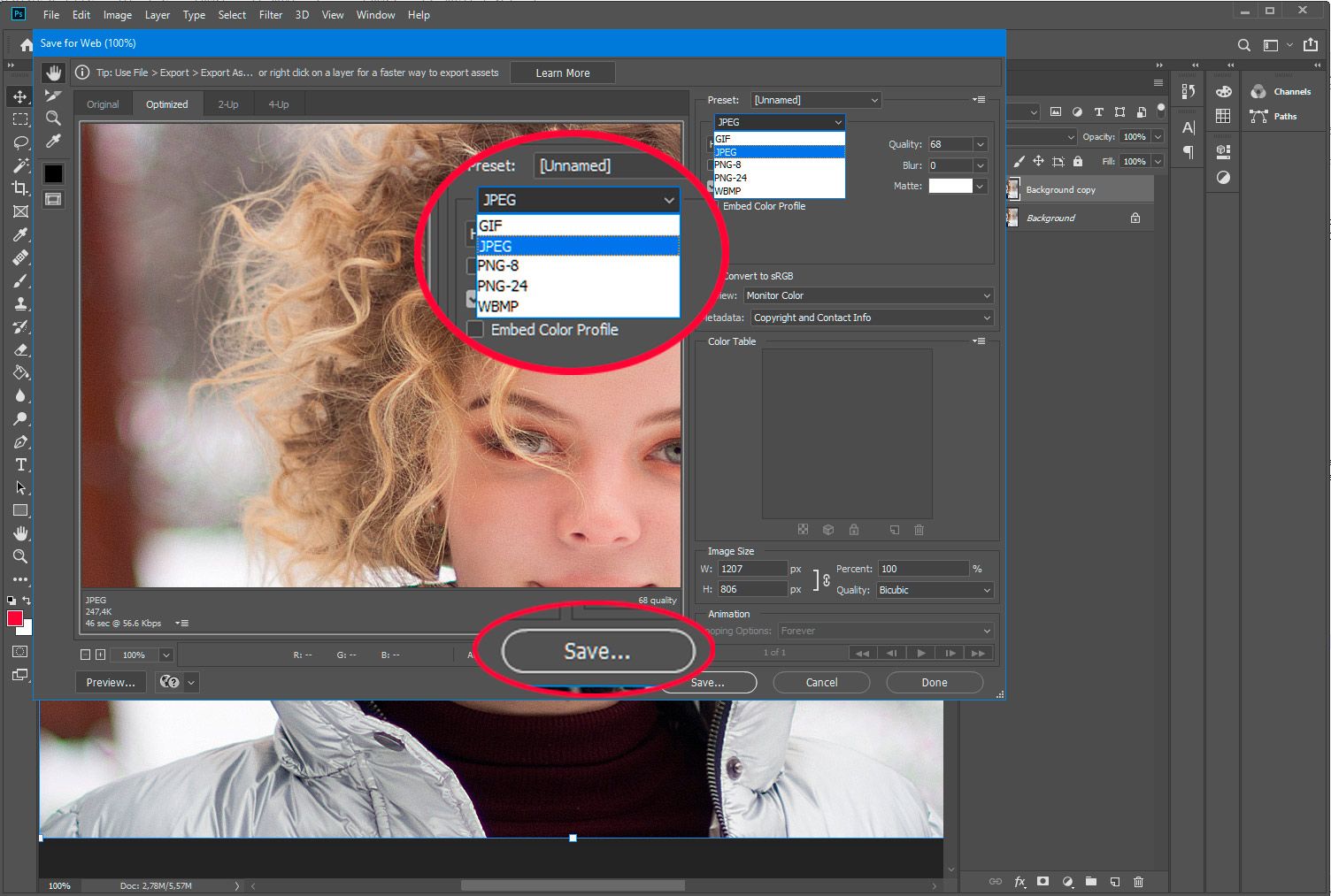 Adobe Photoshop. Lagre PSD for web som jpg..