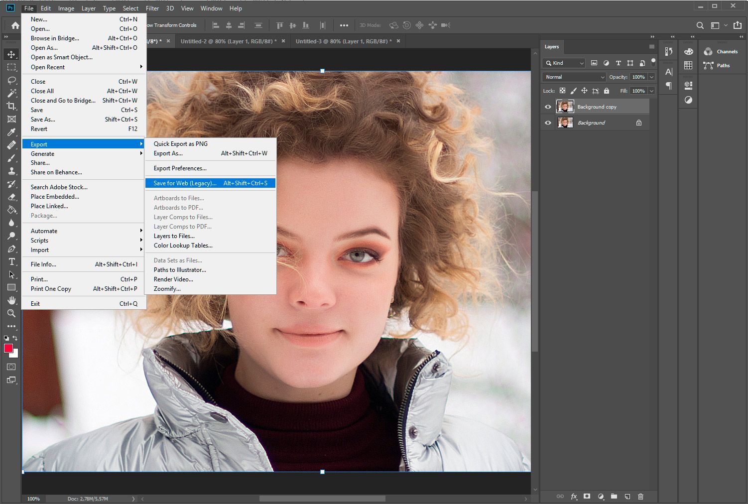 Adobe Photoshop. Velg lagre for web..