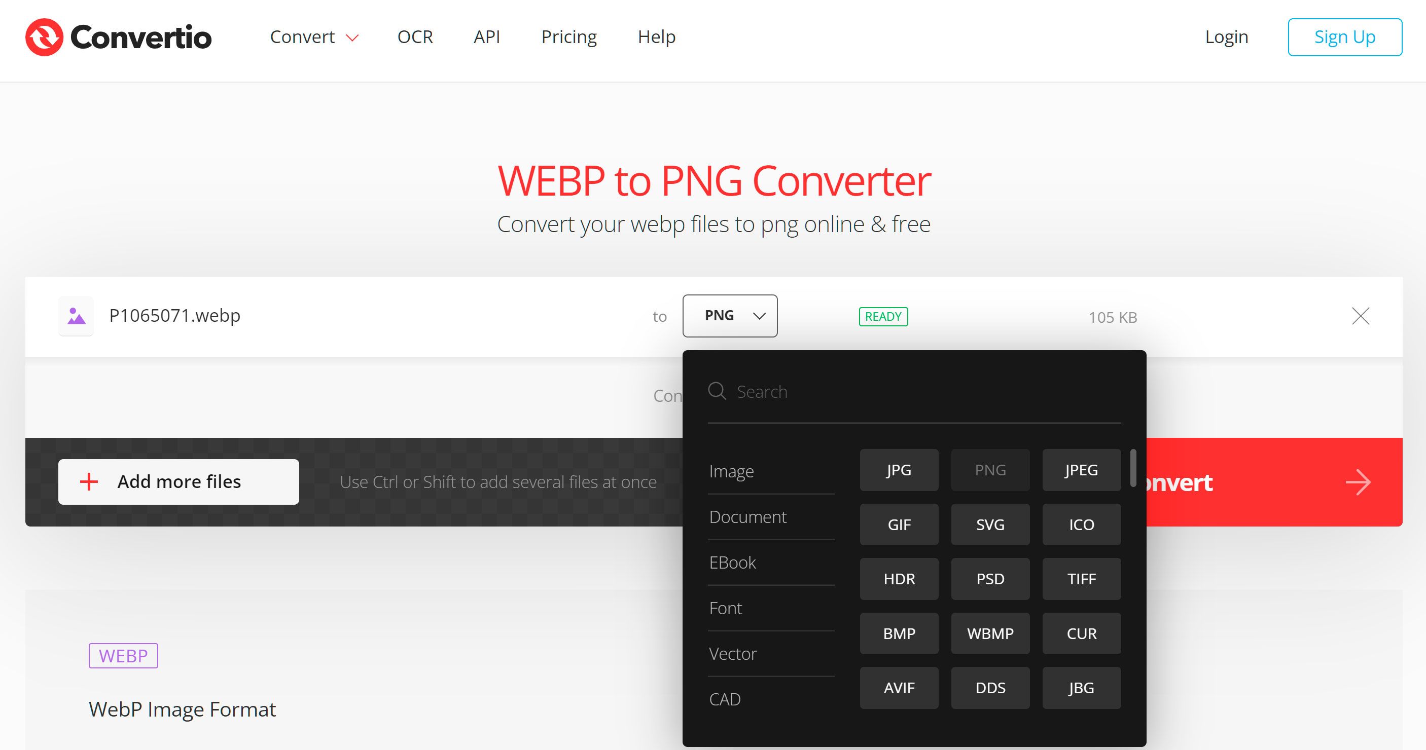 Velg PNG-formatet for å konvertere fra WebP på nettet..